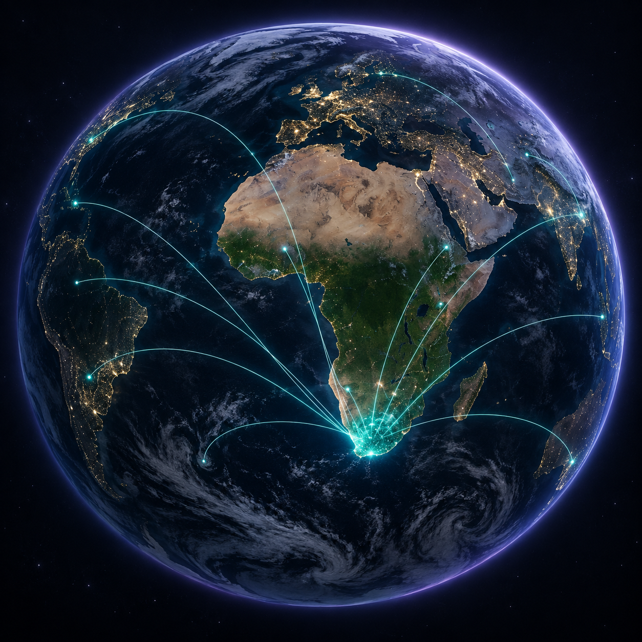 Futuristic globe with Africa illuminated in teal and violet